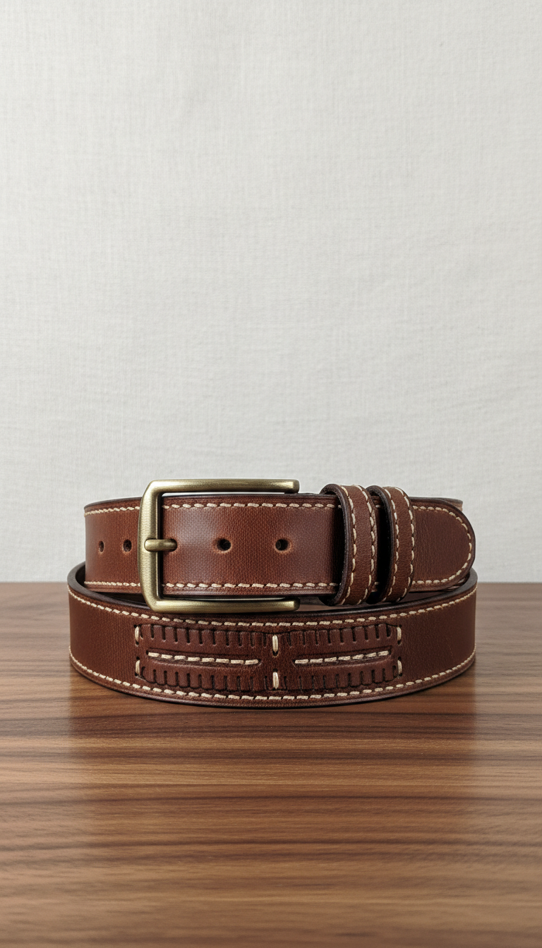 Hand-Stitched Leather Belt with Solid Brass Buckle